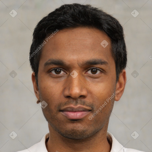 Neutral latino young-adult male with short  black hair and brown eyes