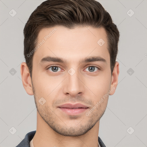 Neutral white young-adult male with short  brown hair and brown eyes