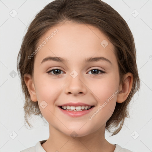 Joyful white child female with medium  brown hair and brown eyes