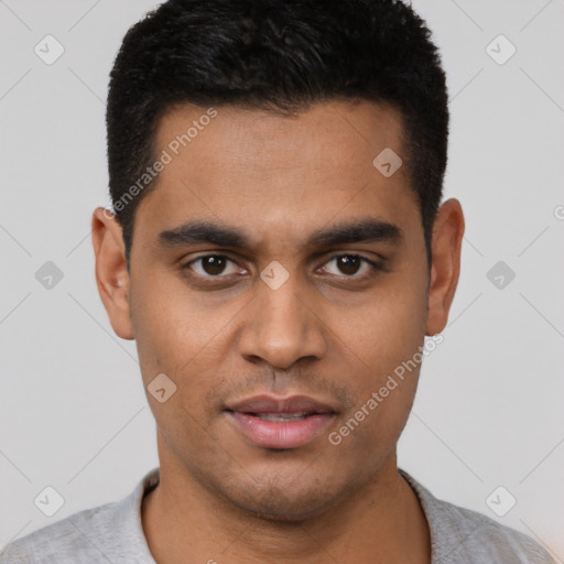 Neutral latino young-adult male with short  black hair and brown eyes