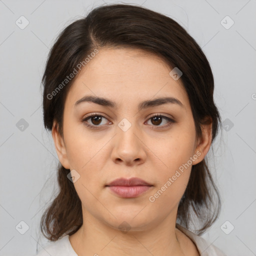 Neutral white young-adult female with medium  brown hair and brown eyes