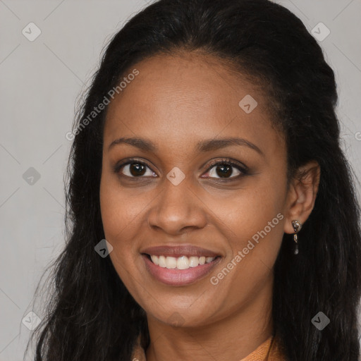 Joyful latino young-adult female with long  brown hair and brown eyes