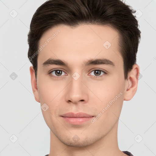 Neutral white young-adult male with short  brown hair and brown eyes