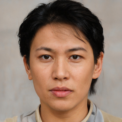 Neutral asian young-adult female with short  brown hair and brown eyes