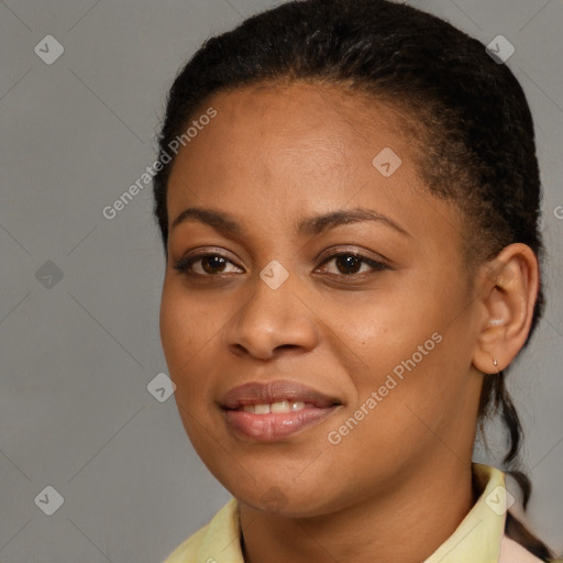 Joyful latino young-adult female with medium  brown hair and brown eyes