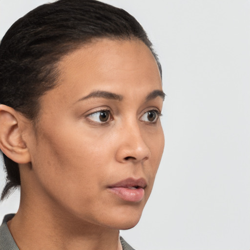 Neutral white young-adult female with short  brown hair and brown eyes