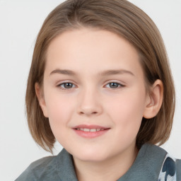 Joyful white child female with medium  brown hair and grey eyes