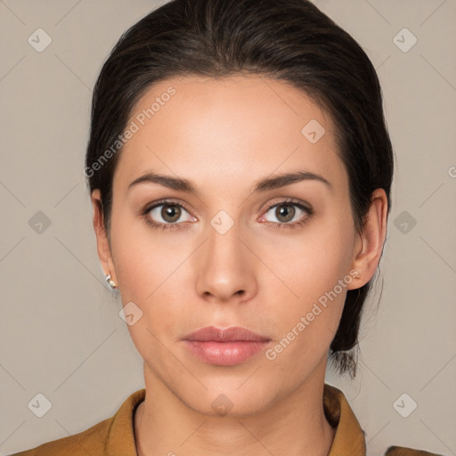 Neutral white young-adult female with medium  brown hair and brown eyes