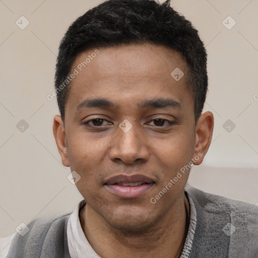 Joyful latino young-adult male with short  black hair and brown eyes