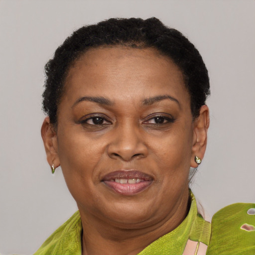 Joyful black adult female with short  brown hair and brown eyes