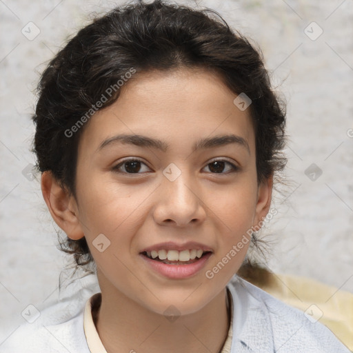 Joyful white child female with medium  brown hair and brown eyes