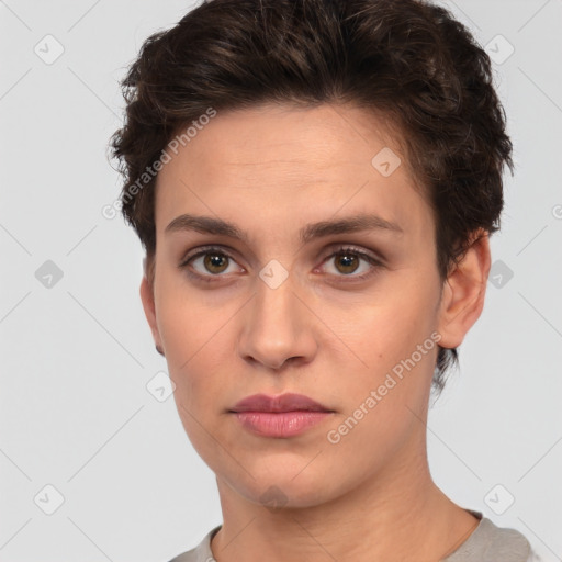 Neutral white young-adult female with short  brown hair and brown eyes