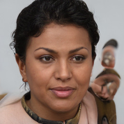 Joyful latino young-adult female with short  brown hair and brown eyes