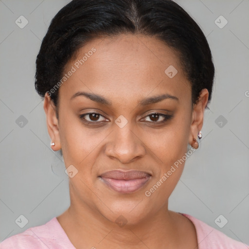 Joyful latino young-adult female with short  brown hair and brown eyes