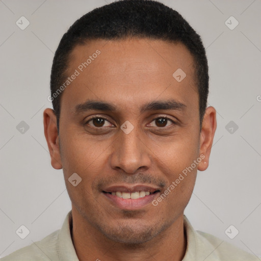 Joyful latino young-adult male with short  brown hair and brown eyes