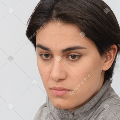 Neutral white young-adult female with medium  brown hair and brown eyes