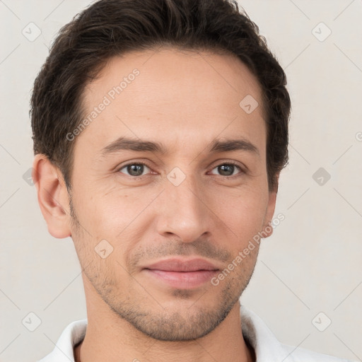 Neutral white young-adult male with short  brown hair and brown eyes