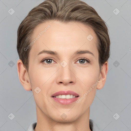 Joyful white young-adult female with short  brown hair and brown eyes