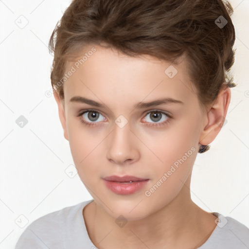 Neutral white young-adult female with short  brown hair and brown eyes