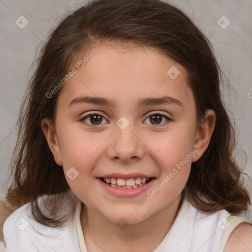 Joyful white child female with medium  brown hair and brown eyes