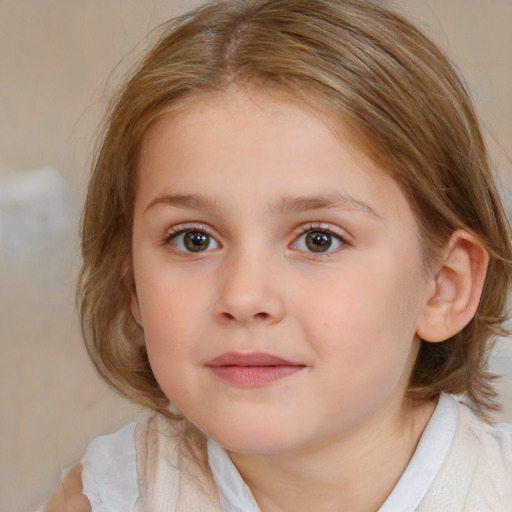 Neutral white child female with medium  brown hair and blue eyes