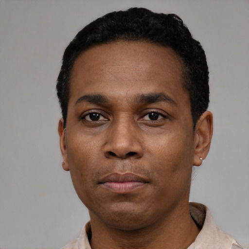 Neutral latino adult male with short  black hair and brown eyes
