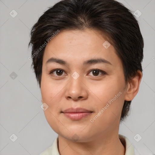 Joyful white young-adult female with medium  brown hair and brown eyes