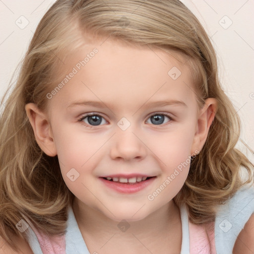 Joyful white child female with medium  brown hair and grey eyes