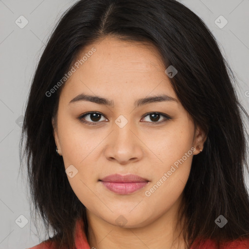 Joyful asian young-adult female with long  brown hair and brown eyes