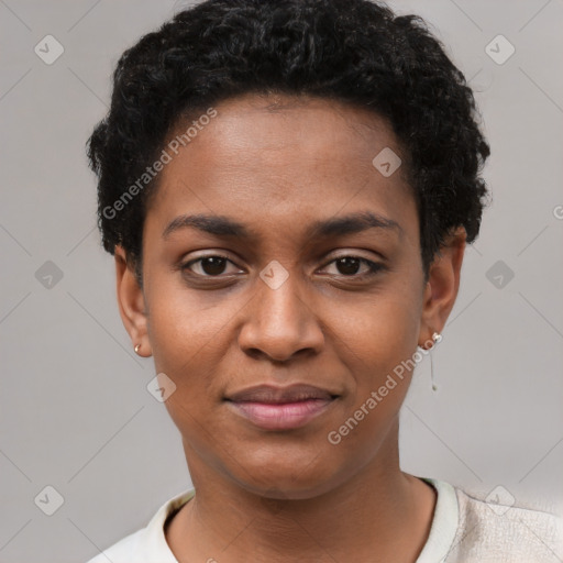 Joyful black young-adult female with short  black hair and brown eyes