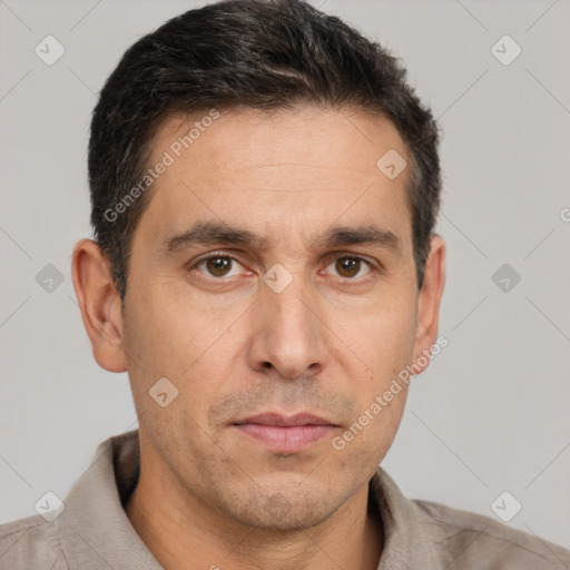 Neutral white adult male with short  brown hair and brown eyes