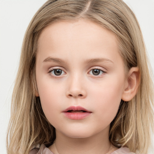 Neutral white child female with long  brown hair and brown eyes