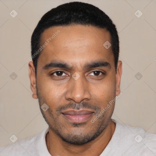 Joyful latino young-adult male with short  black hair and brown eyes