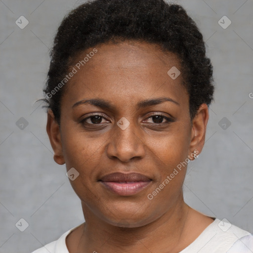 Joyful black young-adult female with short  brown hair and brown eyes