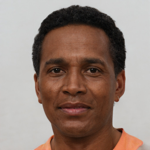 Neutral black adult male with short  black hair and brown eyes