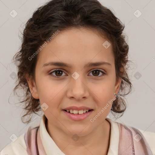 Joyful white child female with medium  brown hair and brown eyes