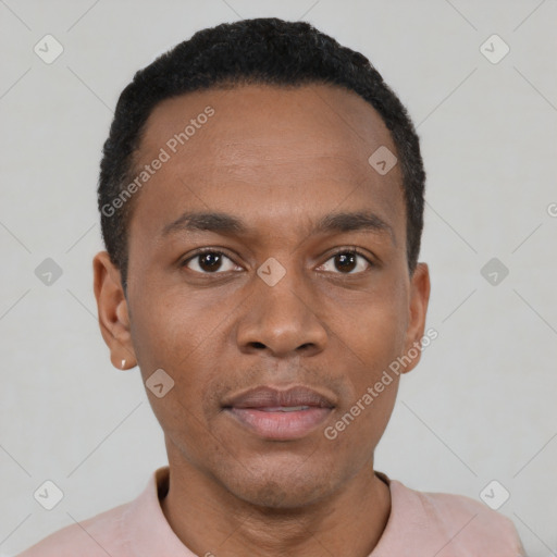 Neutral black young-adult male with short  black hair and brown eyes