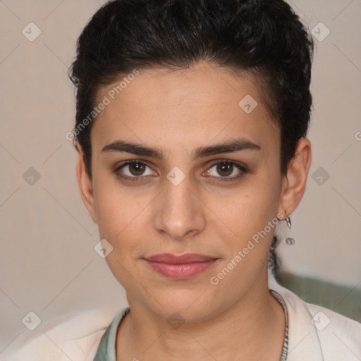 Joyful white young-adult female with short  brown hair and brown eyes