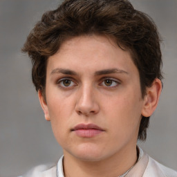 Neutral white young-adult female with short  brown hair and brown eyes