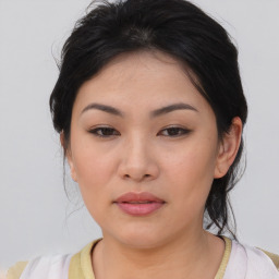 Neutral asian young-adult female with medium  black hair and brown eyes