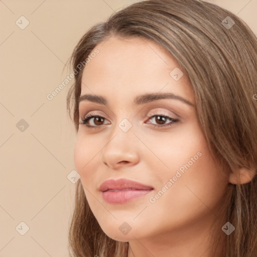 Neutral white young-adult female with long  brown hair and brown eyes