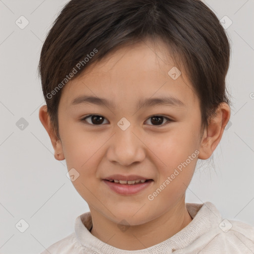 Joyful white child female with short  brown hair and brown eyes