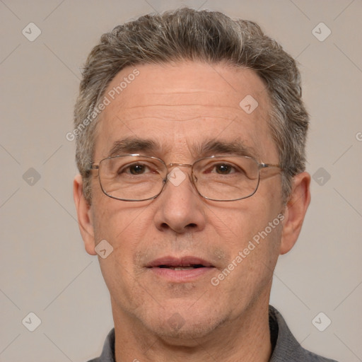 Joyful white middle-aged male with short  brown hair and brown eyes