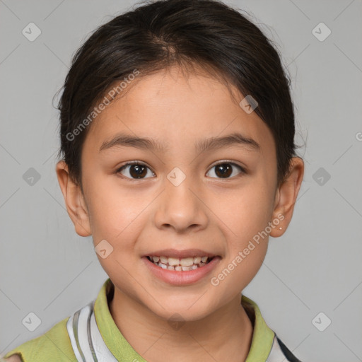 Joyful white child female with short  brown hair and brown eyes