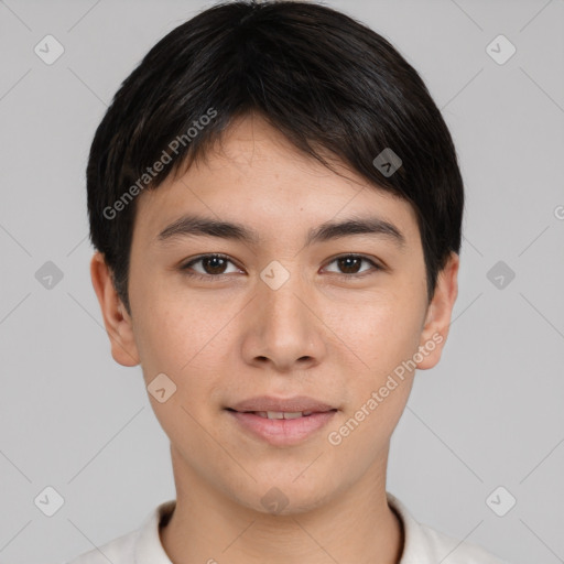 Joyful asian young-adult male with short  brown hair and brown eyes