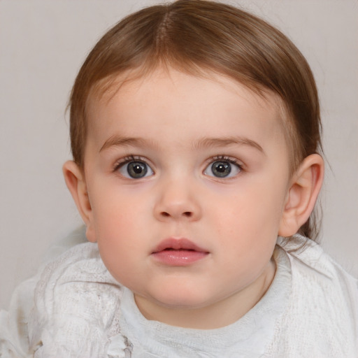 Neutral white child female with medium  brown hair and blue eyes