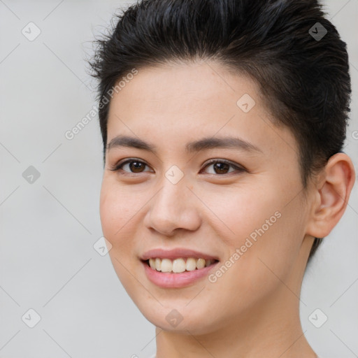 Joyful white young-adult female with short  brown hair and brown eyes