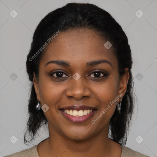 Joyful black young-adult female with medium  black hair and brown eyes