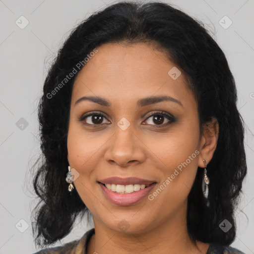 Joyful latino young-adult female with long  brown hair and brown eyes