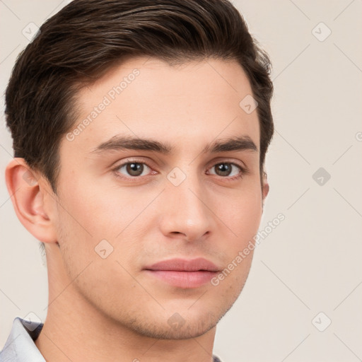 Neutral white young-adult male with short  brown hair and brown eyes